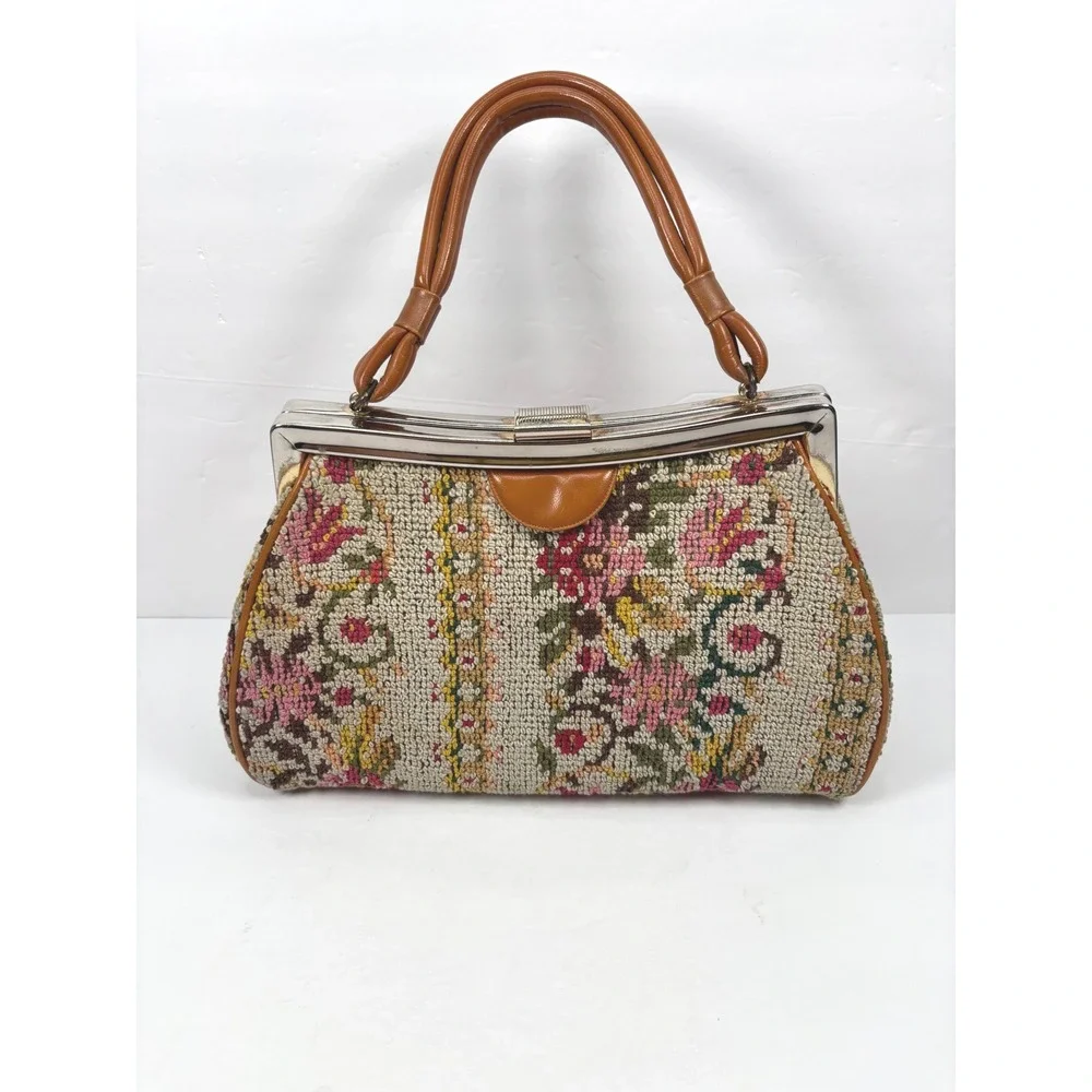 Vintage Medium Handbag Floral Tapestry Needlepoint Top Handle Cottage Grandma